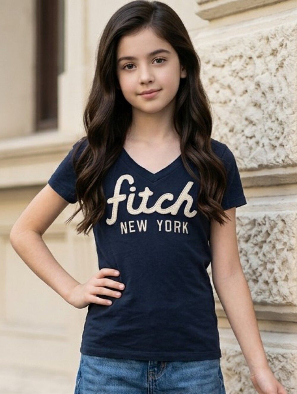 Abercrombie Kids Navy Blue FITCH Patch Short Sleeve T-Shirt Girls Small V-Neck